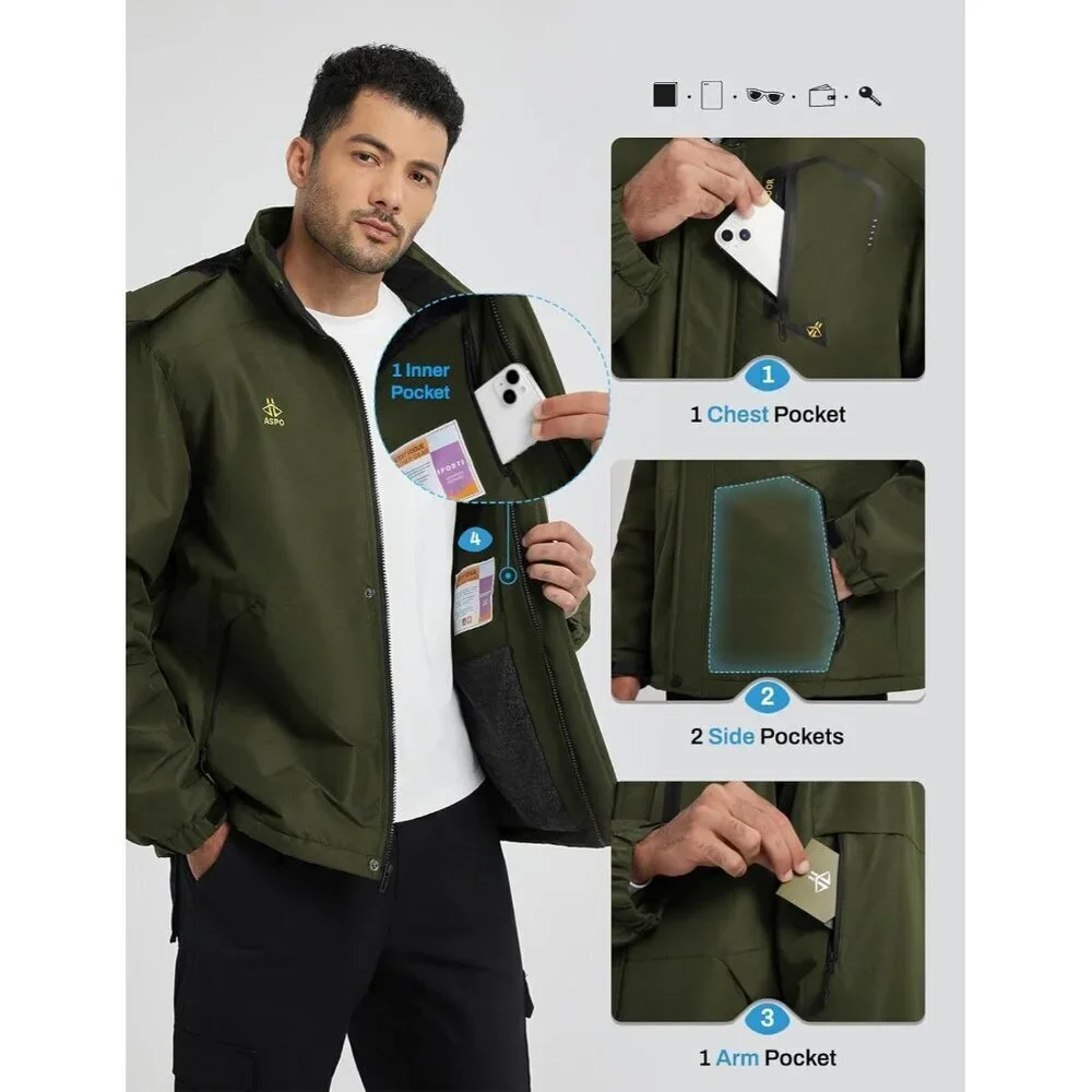 Men Army Green 1 Waterproof Winter Warm Snow Coat Fleece Lined Hiking Ski Jacket
